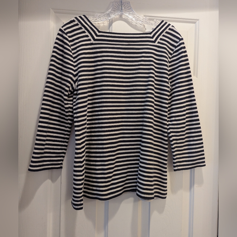 Talbots Square Neck Texture Navy Blue White Stripe 3/4 Sleeve Top Sz Med *NWOT - Picture 3 of 11
